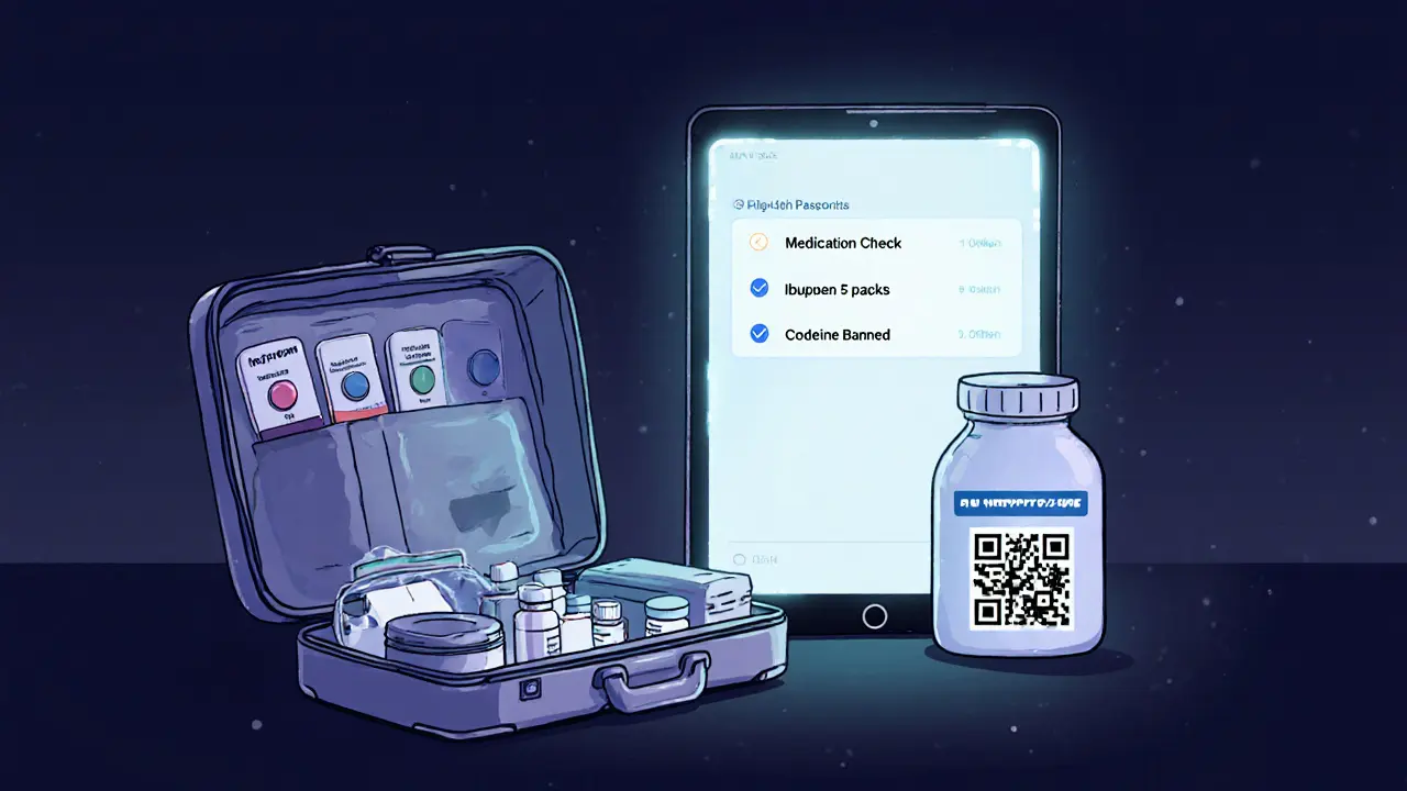 Цифровой интерфейс показывает разрешённые и запрещённые лекарства для поездки, рядом — упакованная аптечка с термосумкой.