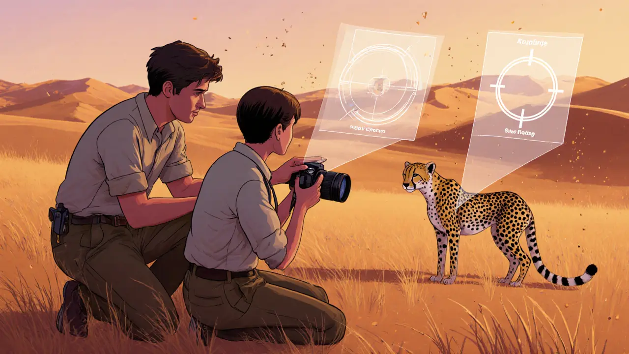 Фотограф-гуид обучает новичка на рассвете, рядом с гепардом, в воздухе — схемы настроек камеры.