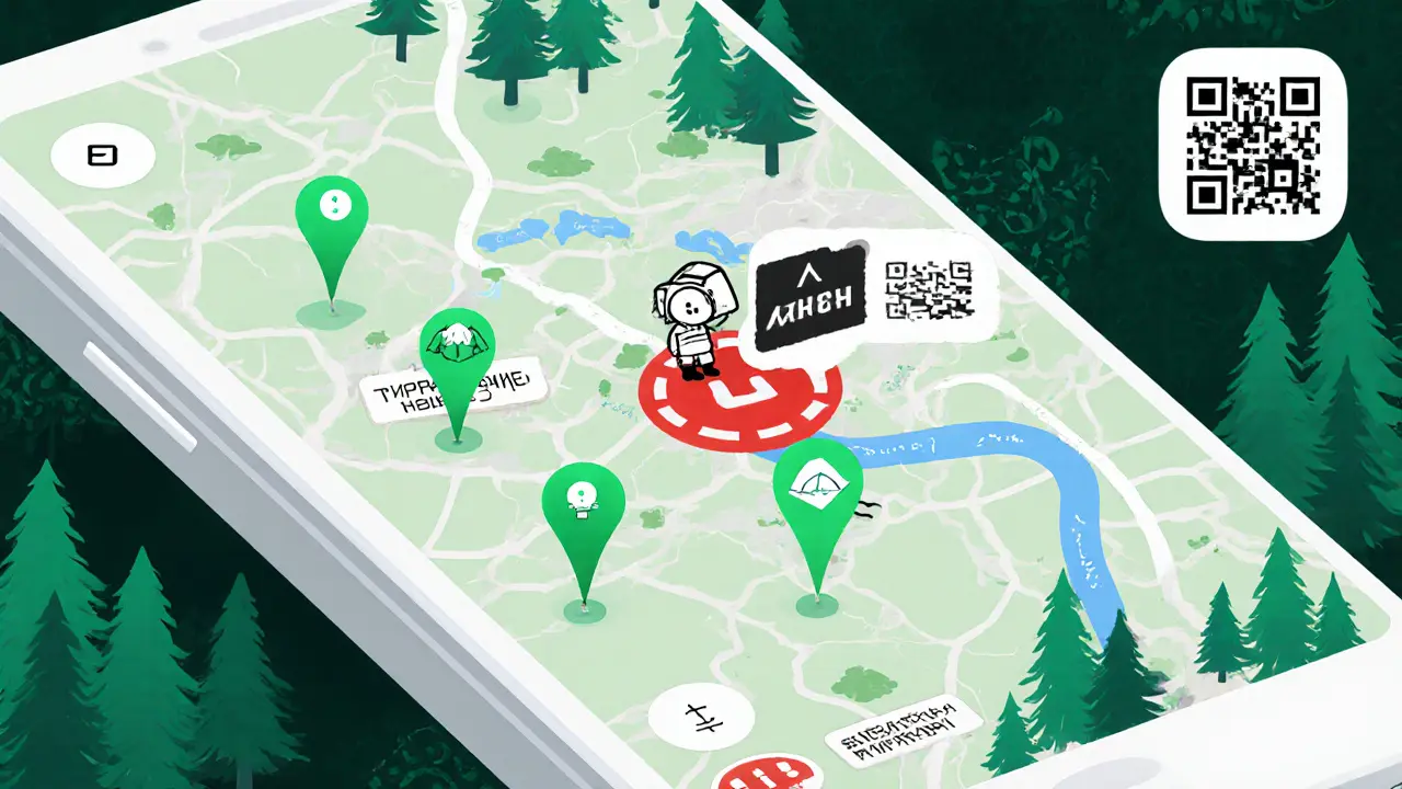 На телефоне — карта с разрешёнными местами для кемпинга в лесах России.