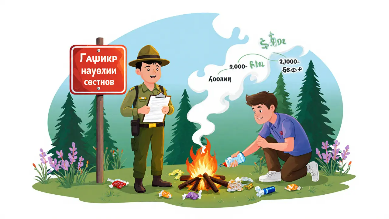 Рыбак тушит костёр у знака запрета, рядом лежат мусор и батарейки.