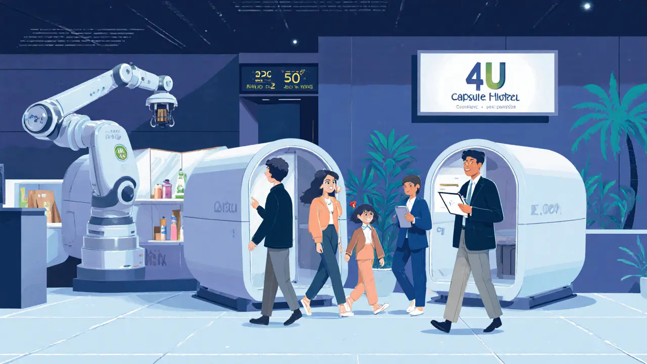 Современный капсульный отель с климат-контролем и роботом-доставщиком в 2025 году.