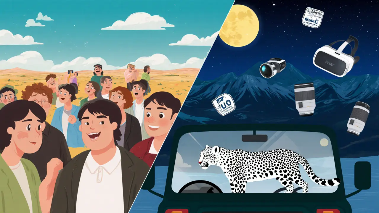 Сравнение: толпа туристов с размытыми фото и тихая группа, снимающая снежного барса в Алтае при лунном свете.