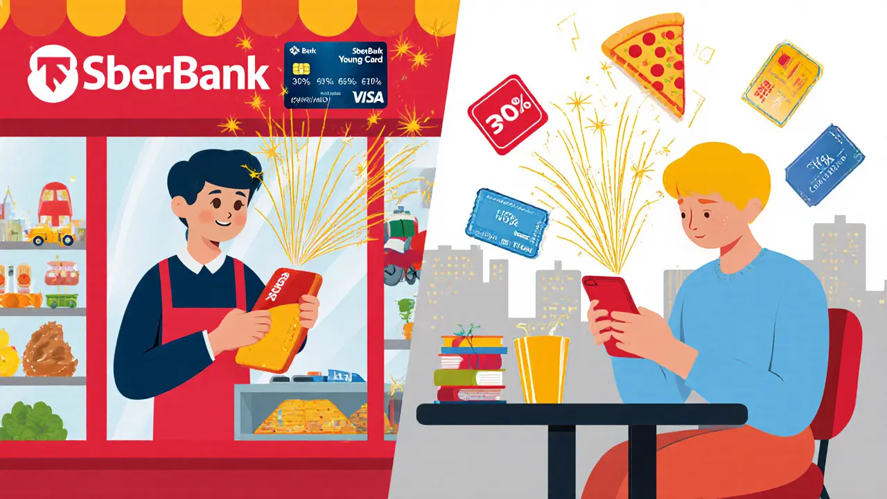 Студент оплачивает покупки двумя молодежными картами — с кэшбэком, летящими искрами и значками еды, транспорта и развлечений.