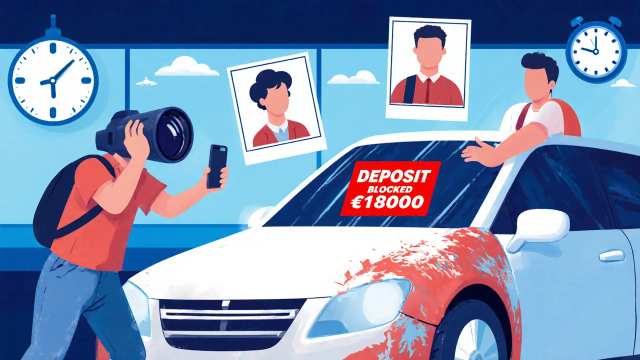 Турист фотографирует царапины на машине, пока сотрудник пытается скрыть повреждение, на лобовом стекле — огромная надпись о блокировке депозита.