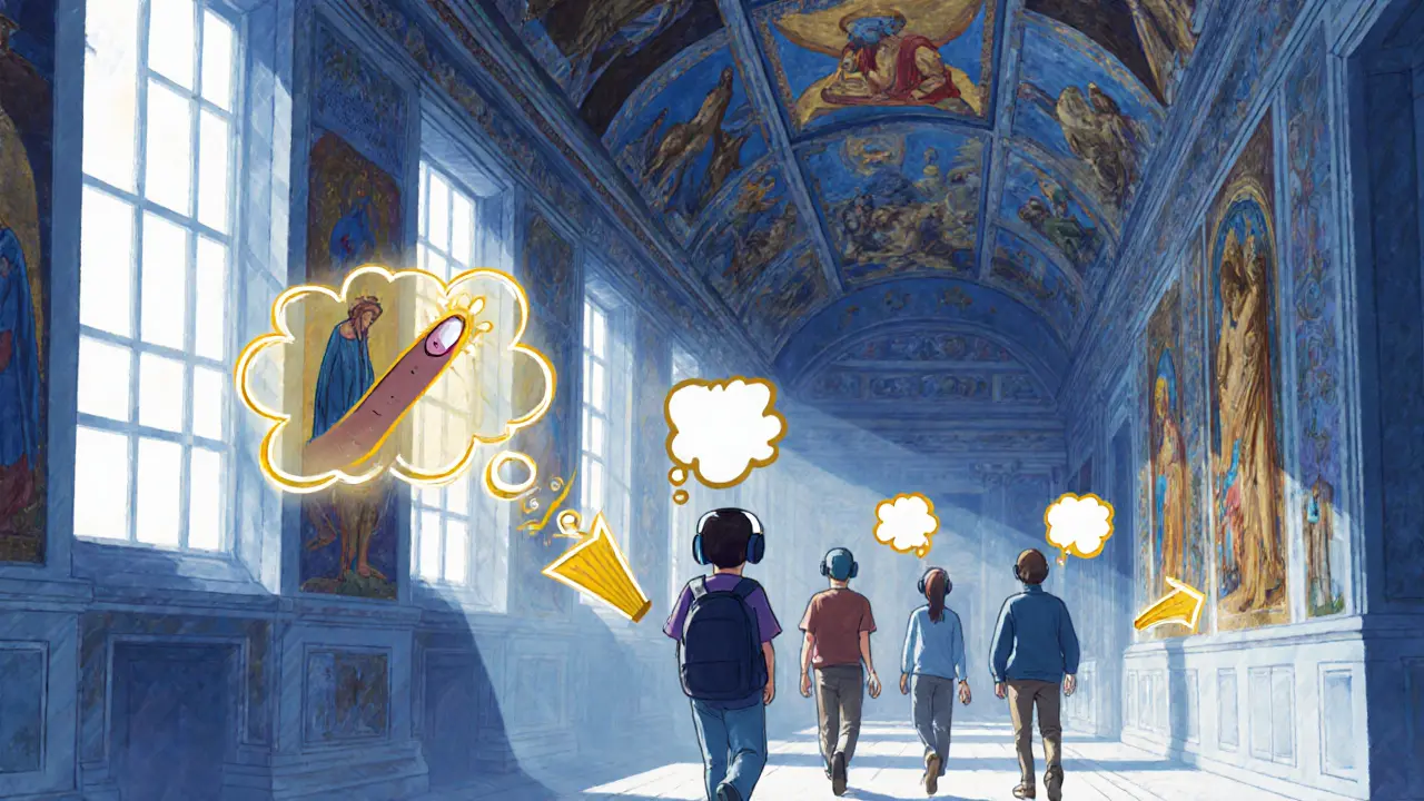 Турист с аудиогидом рассматривает фрески в Сикстинской капелле, в то время как другие проходят мимо не замечая.