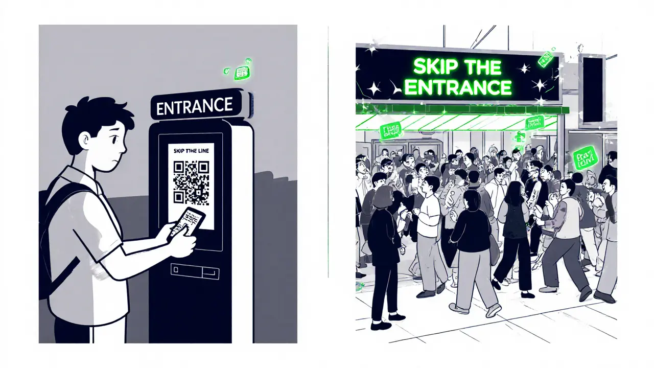 Турист сканирует QR-код на входе в музей, в то время как рядом — оживлённая касса с очередью.