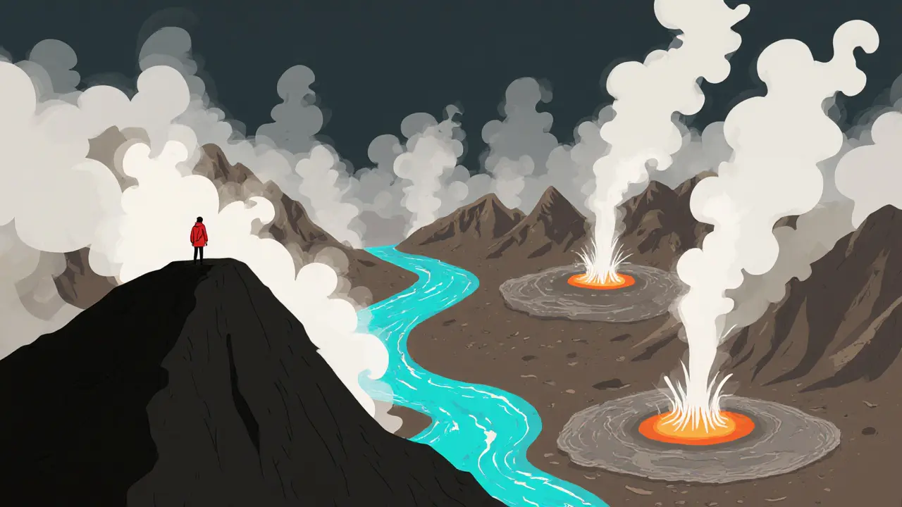 Фигура на вулканическом хребте Камчатки наблюдает за выбросами гейзеров в тумане.