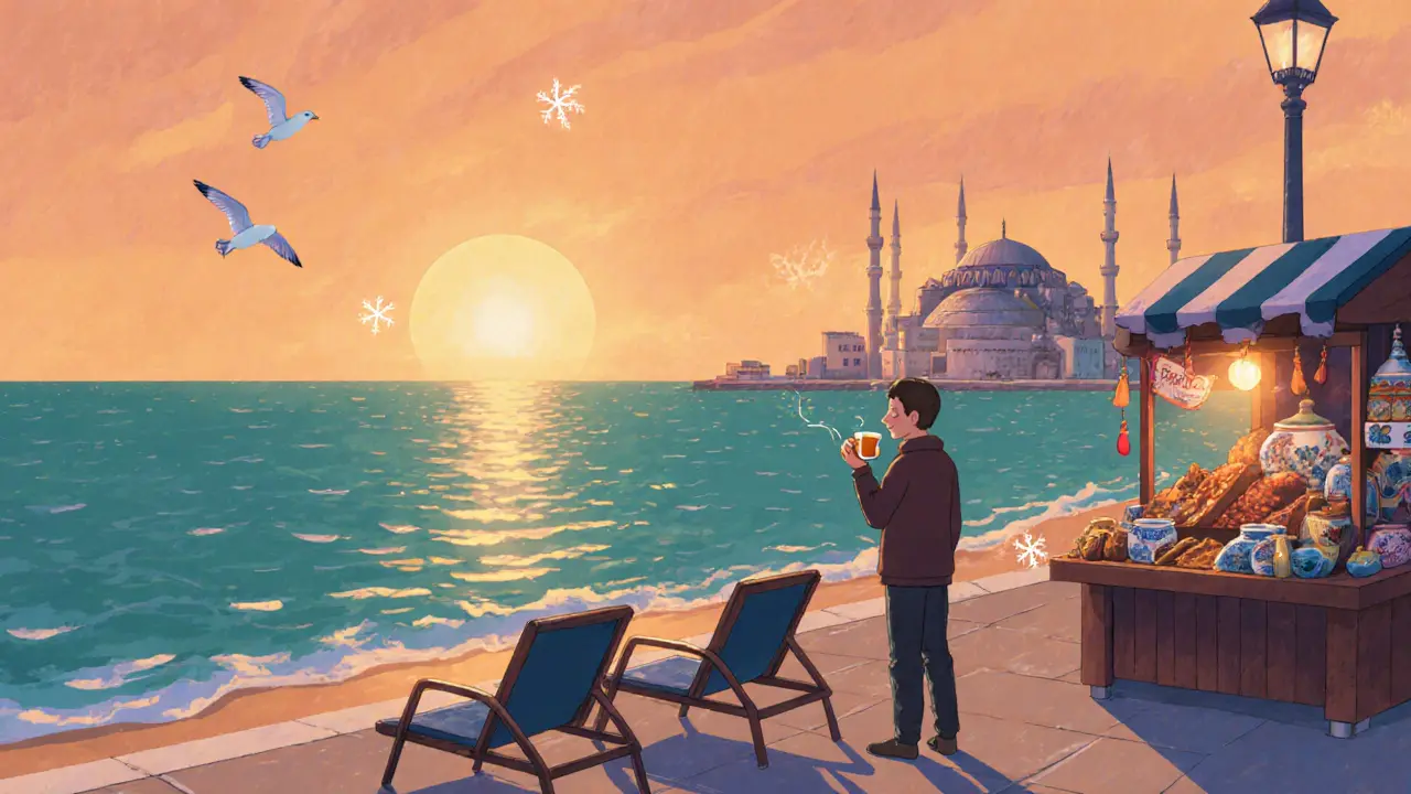 Одинокий путешественник пьёт чай на тихой набережной в ноябре, тёплый закат, пустые шезлонги.