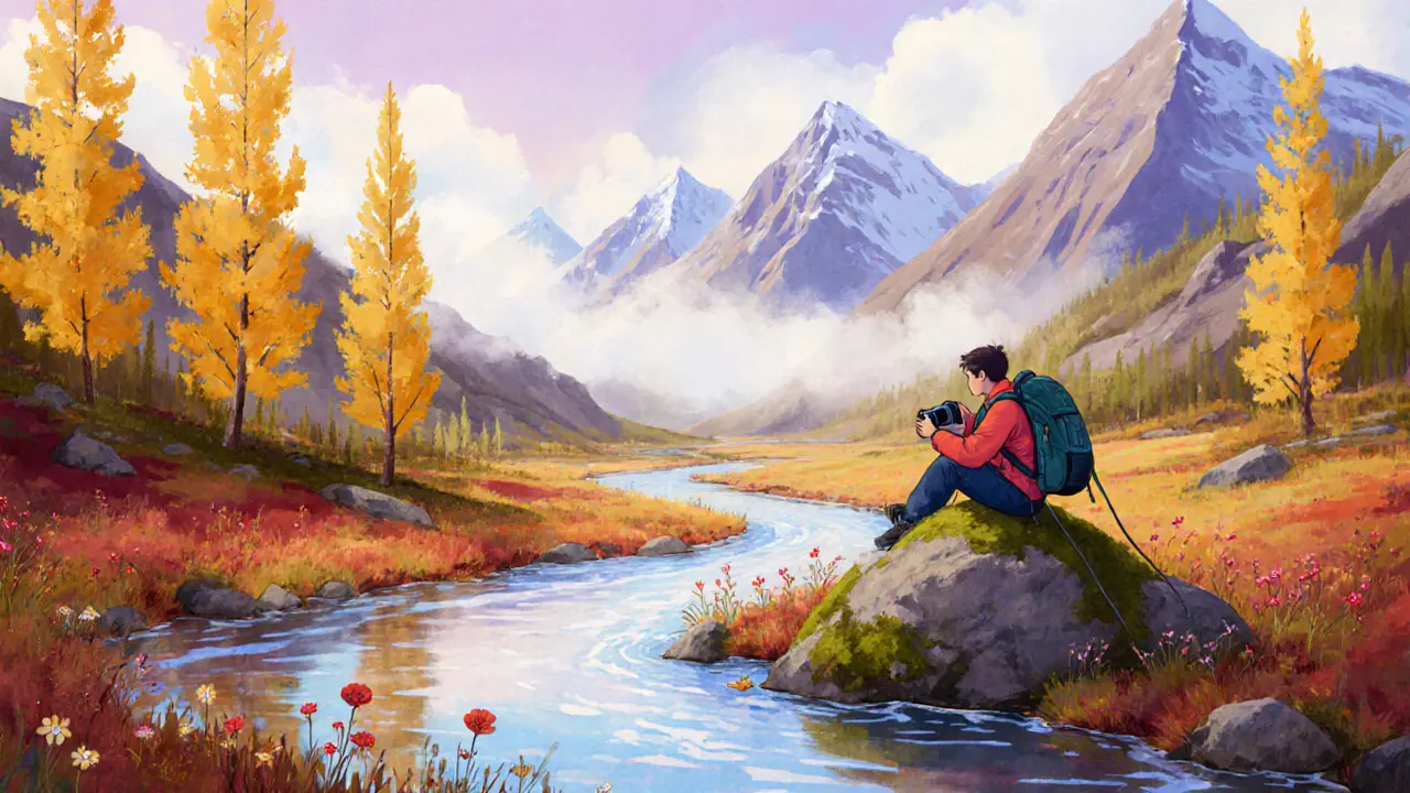 Одинокий путник на золотом берегу озера в Алтае, осенью, с отражением деревьев в воде.