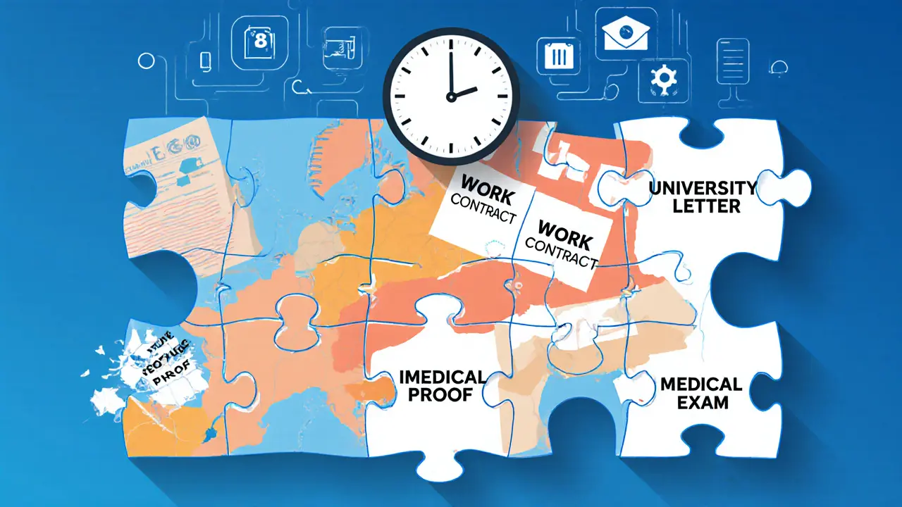 Пазл из документов, собирающийся в форму Европы, с падающим фальшивым элементом.