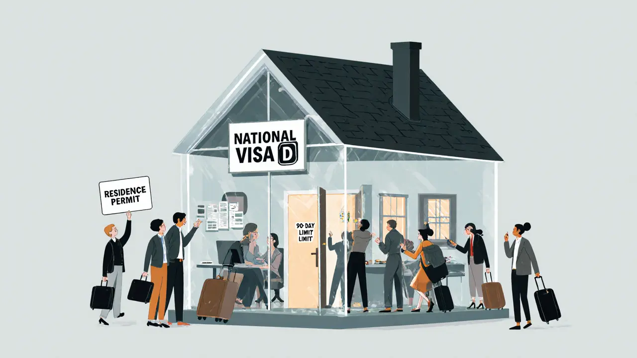 Прозрачный дом национальной визы с людьми внутри, туристы снаружи не могут попасть.