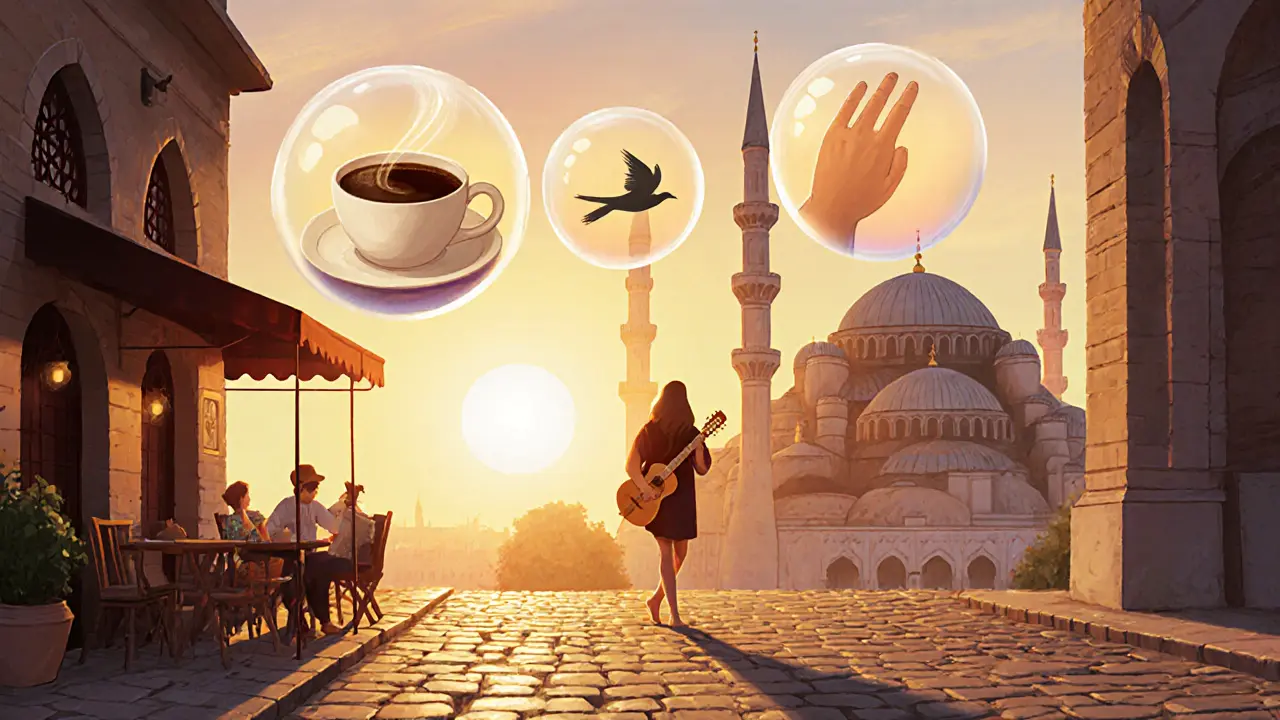 Путешественник медленно гуляет на закате, окружённый тихими моментами: музыкой, кофе и архитектурой.