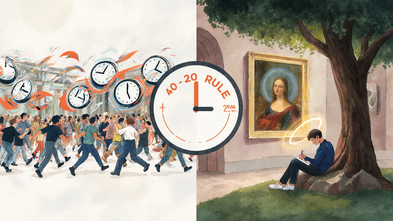 Сравнение: хаотичный осмотр музеев слева и спокойное восприятие одной картины справа.