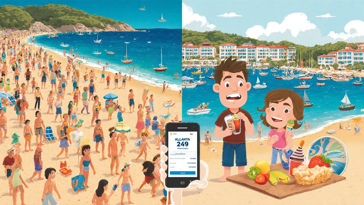 Сравнение: спокойный пляж в Алании слева и переполненный в Бодруме справа, на телефоне — цена тура.