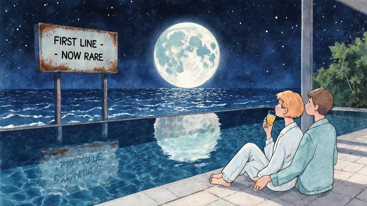 Пара на балконе отеля на первой линии наблюдает за лунным закатом над тихим морем.