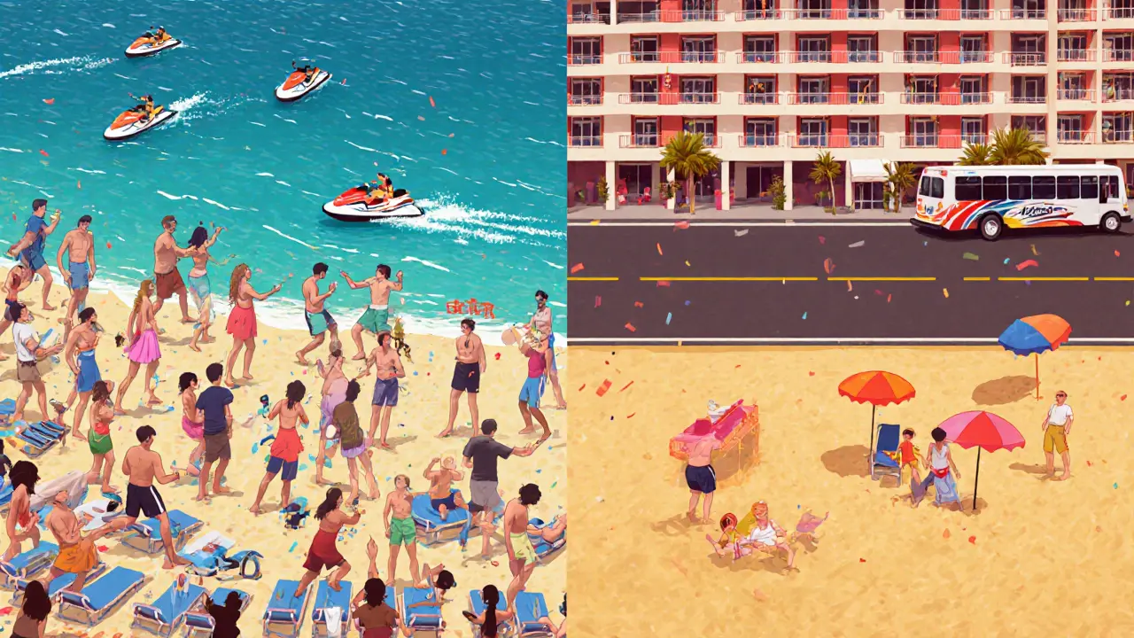 Сравнение: шумный отель с тесным пляжем и спокойный отель через дорогу с широким песком.