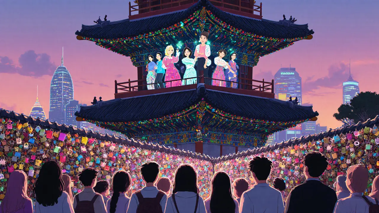 Башня Намсан с цифровыми танцами K-pop над ней и толпой фанатов, чьи силуэты сливаются в световую волну.