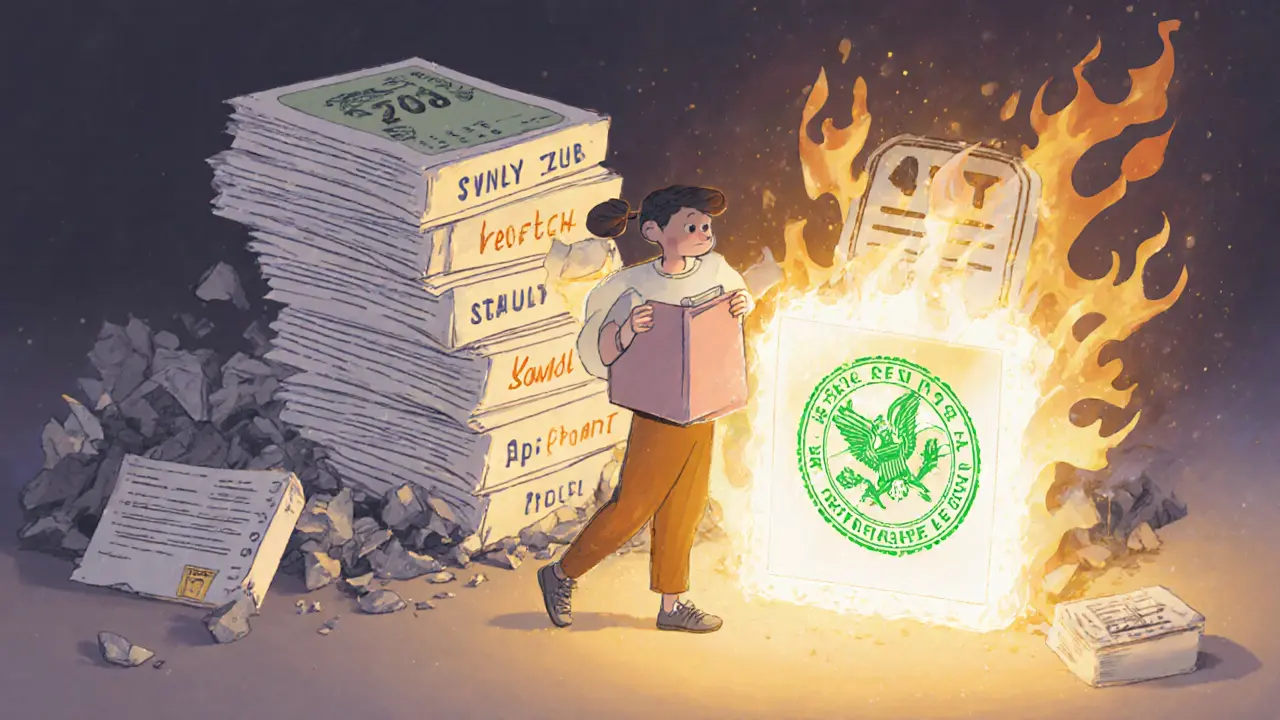 Человек подает исправленные документы — новый визовый штамп светится, а старые отказы сгорают.