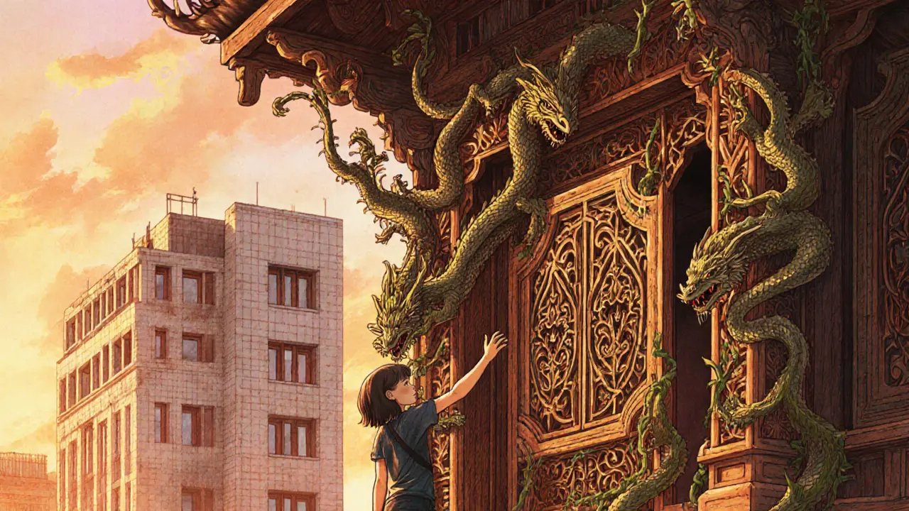 Дом с драконами в Томске с резной деревянной отделкой, рядом — здание конструктивизма.