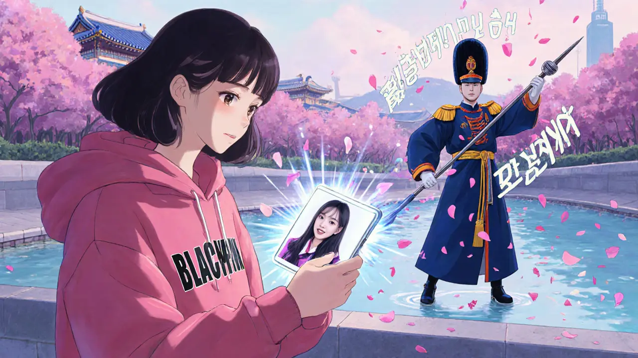 Фанат с телефоном, проецирующим идола K-pop, рядом с традиционным стражем, чье копье превращается в микрофон.