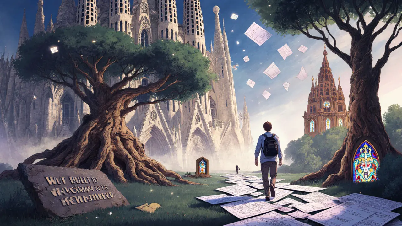 Фантастическое слияние собора Саграда Фамилия и деревянных церквей Золотого кольца с летающими архитектурными фрагментами.