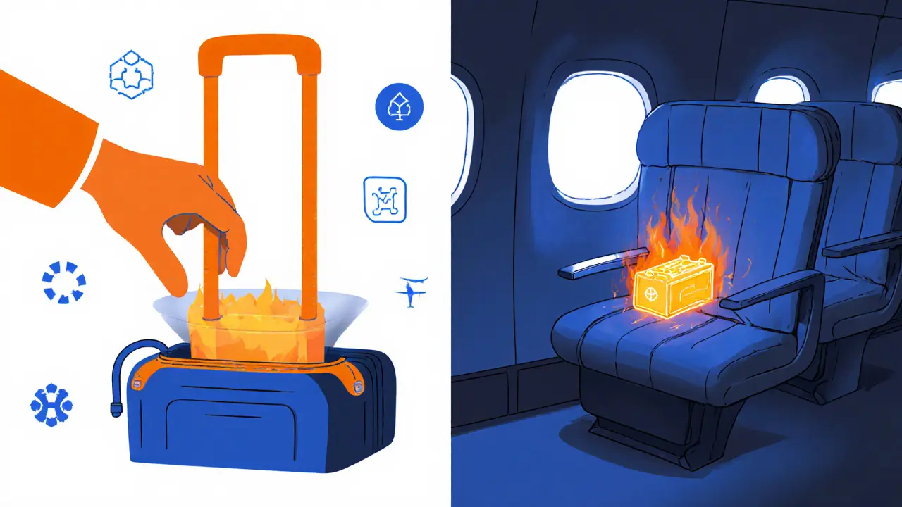 Пассажир извлекает аккумулятор из чемодана и кладет его в ручную кладь в огнестойком чехле.