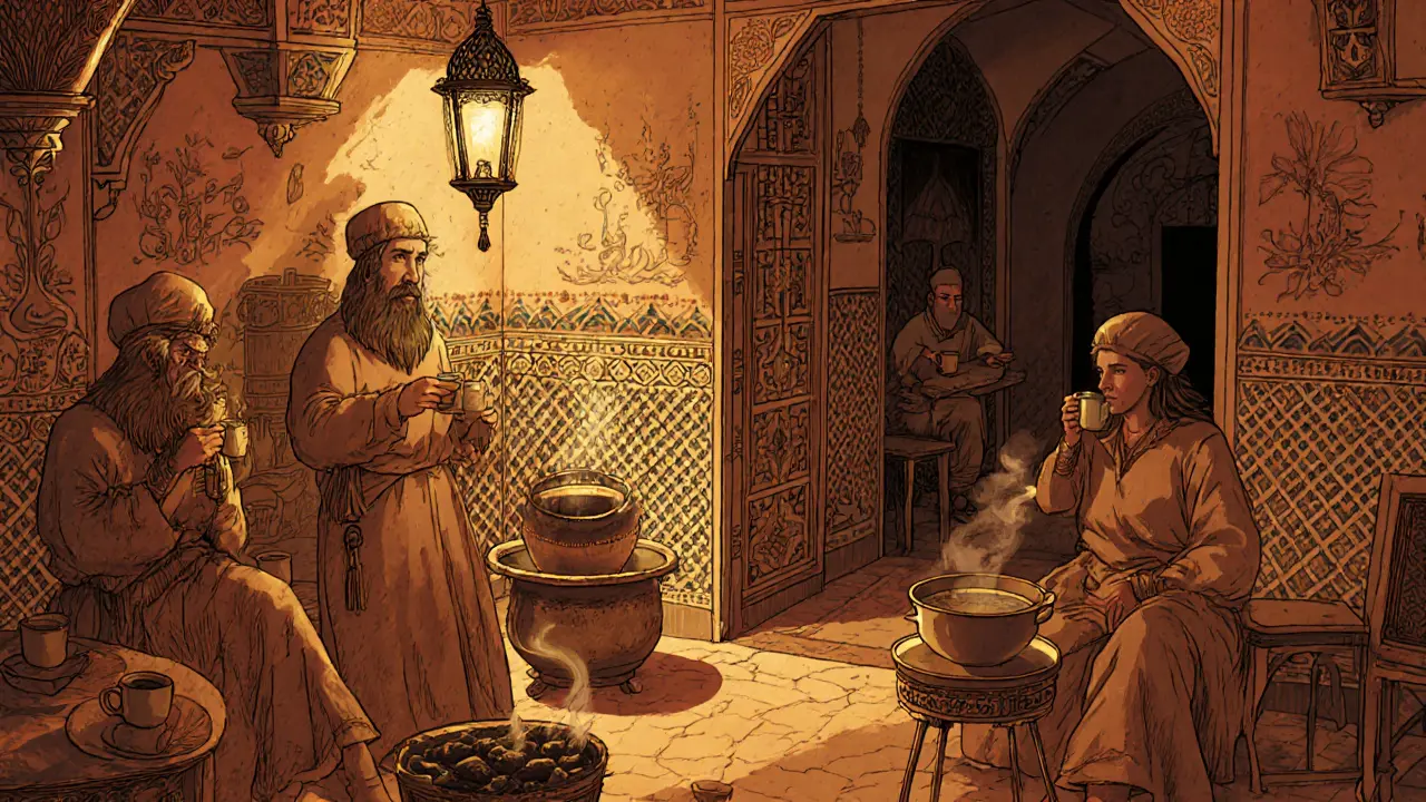 Старинная кофейня в Стамбуле, где люди пьют турецкий кофе в атмосфере тайных встреч и теплого света ламп.