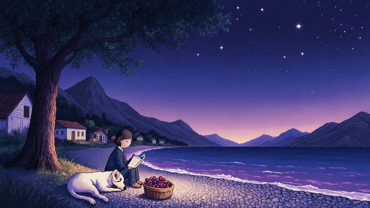 Тихий поселок Кацивели: человек читает под деревом, собака спит, пляж озарен закатом, над морем — первые звезды.