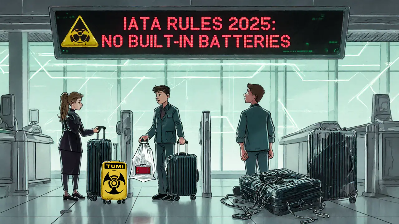 Три путешественника на контрольно-досмотровом пункте: один проходит, второй теряет батарею, третий с разбитым чемоданом.