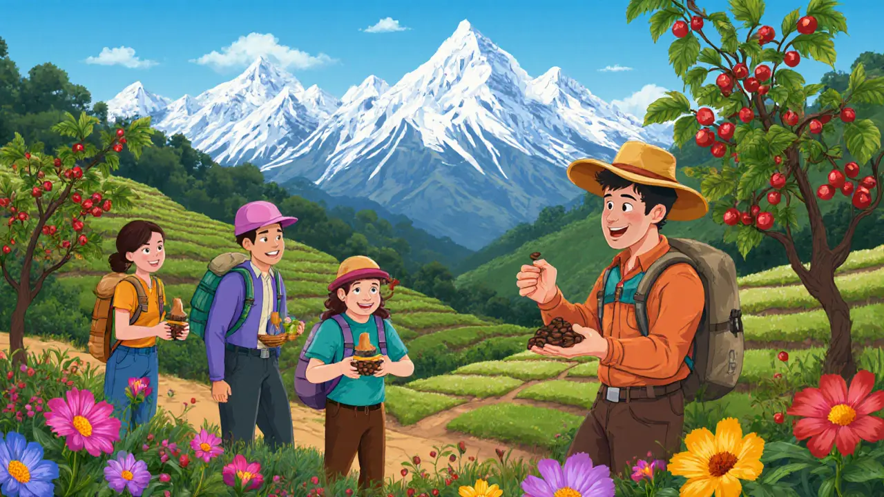 Туристы собирают кофейные ягоды на плантации в Колумбии, на фоне снежных вершин и цветущих горных растений.
