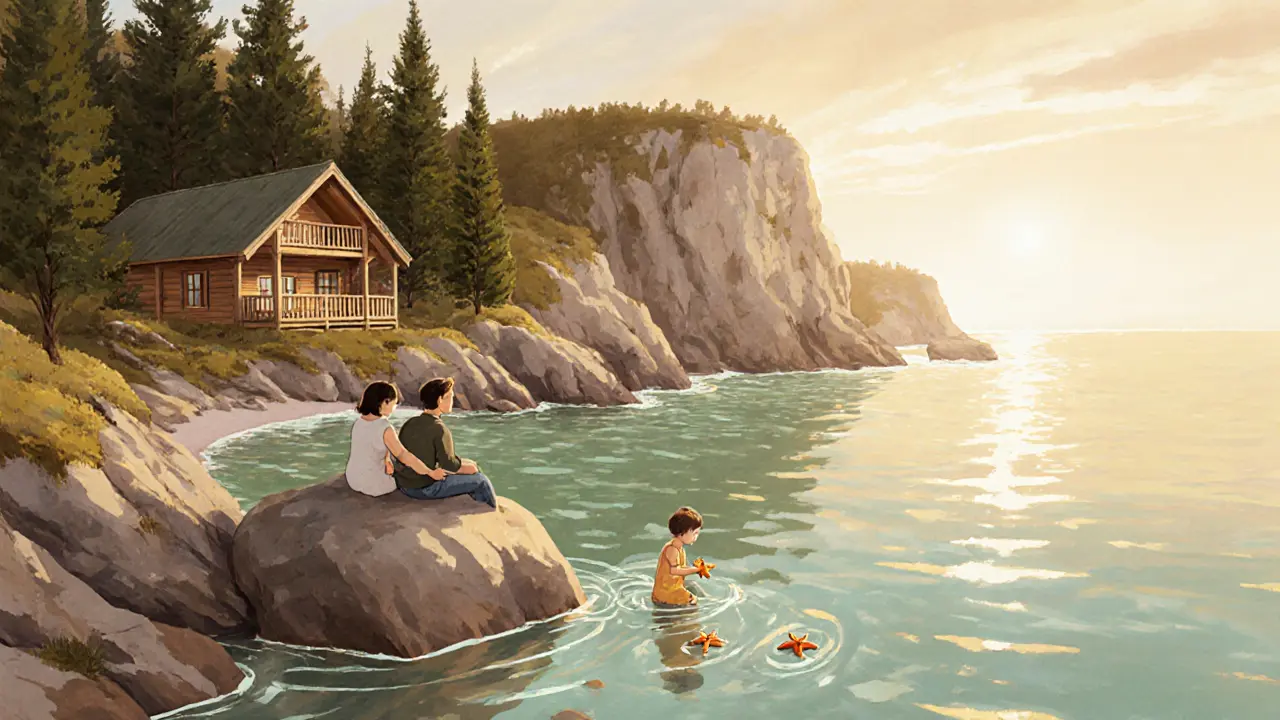 Уединенный пляж в Новом Свете: пара смотрит на море, ребенок держит звезду, вокруг — реликтовые можжевельники и золотой закат.