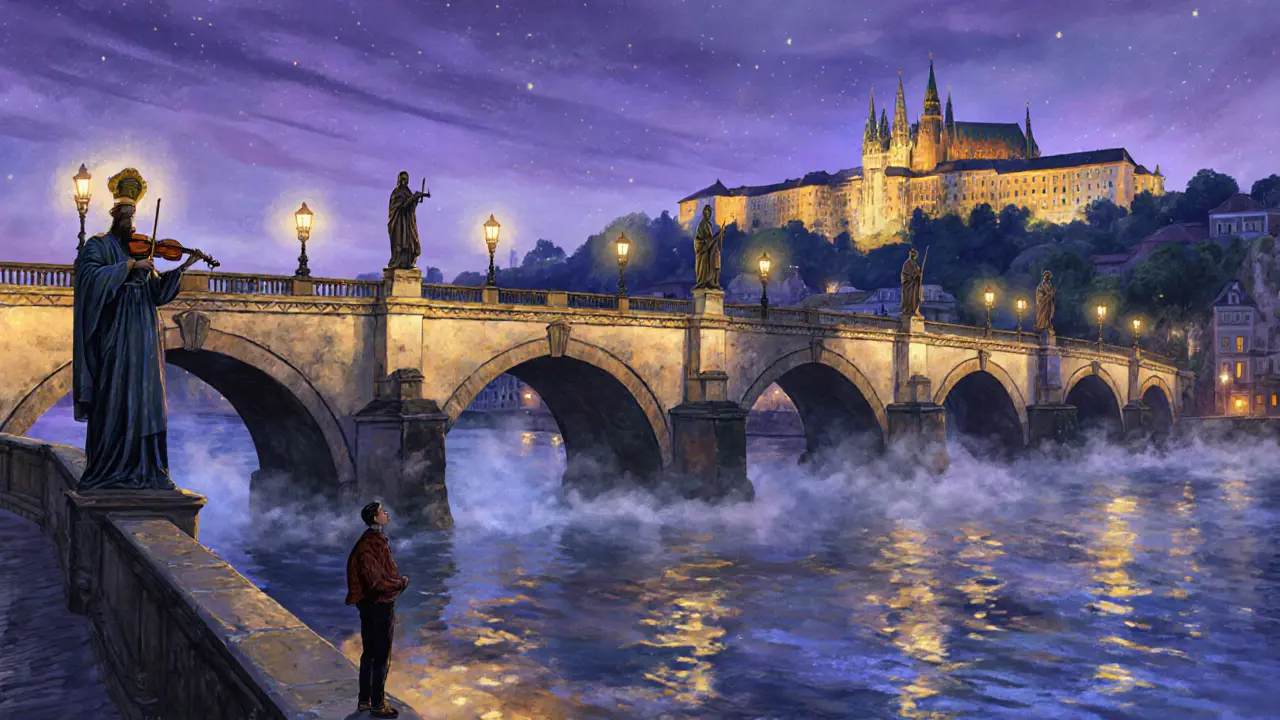 Карлов мост вечером с фонарями, статуями и отражением в реке Влтава.