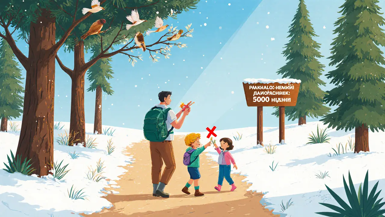 Семья гуляет по тропе с гидом, ребёнок не трогает цветы — над ним красный запрещающий знак.
