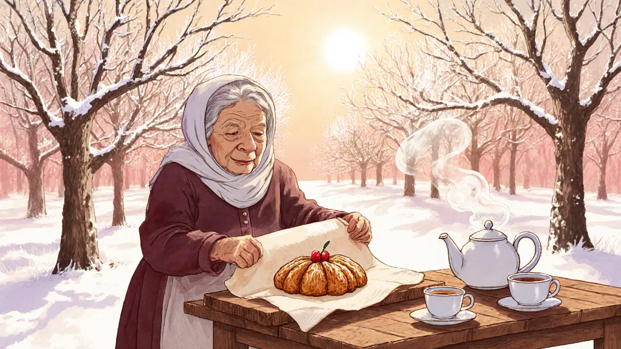 Старушка сушит коломенскую пастилу в яблоневом саду, рядом — чай и фарфоровые чашки.