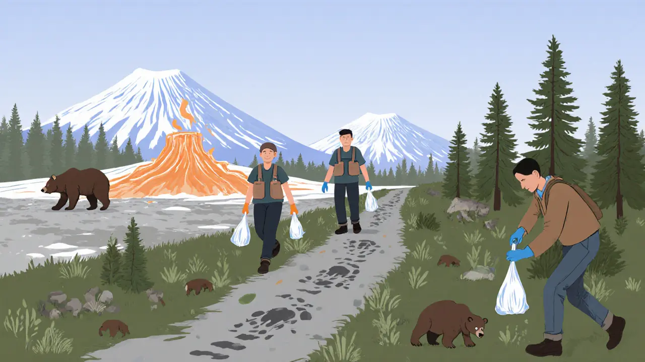 Волонтёры убирают мусор вдоль тропы в Камчатке, на фоне гейзеров и медведя.