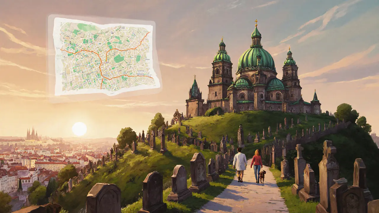 Вышеград на закате с зелеными куполами церкви и тихим кладбищем.