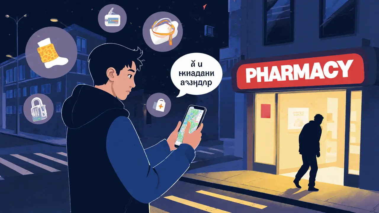 Человек на перекрестке с приложением безопасности и символами защиты, уходит от тени к свету в аптеку.