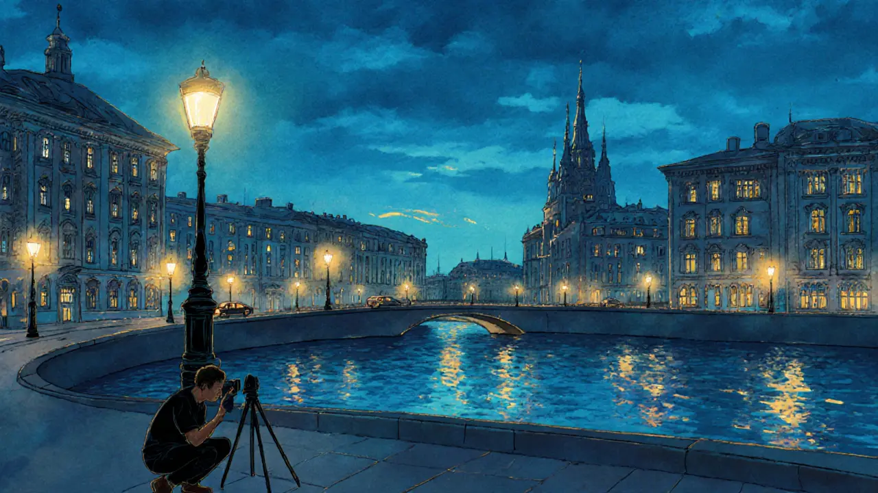 Городской пейзаж в синий час: небо голубое, фонари горят, фотограф с штативом на фоне реки.