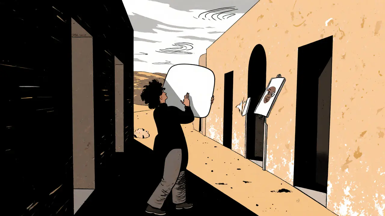 Полдень в пустыне: резкие тени, фотограф использует отражатель для портрета под ярким солнцем.