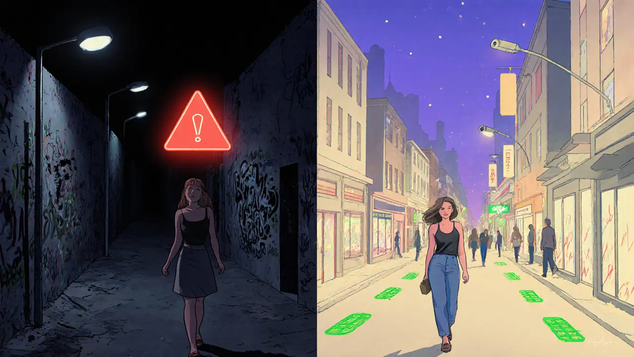 Сравнение безопасного и опасного маршрута ночью: яркая улица против темного двора с предупреждающими знаками.