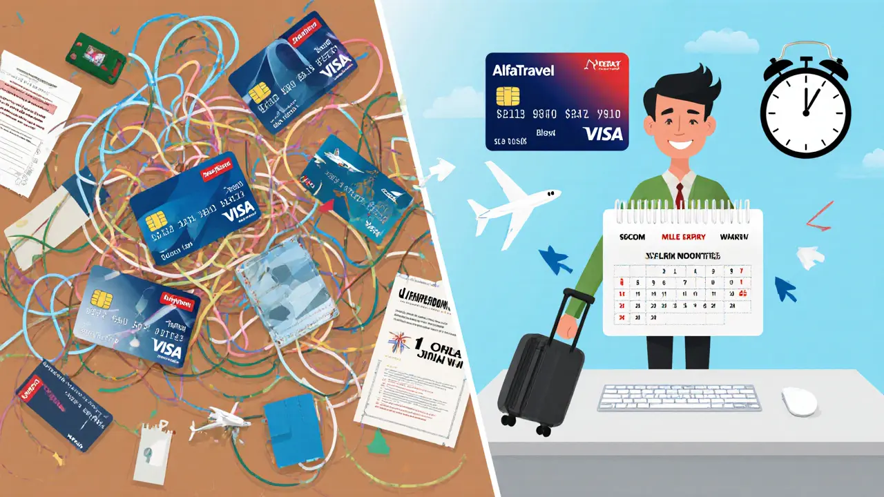 Сравнение: запутанные несколько карт слева и одна эффективная карта справа с бонусами и напоминанием о сгорании миль.