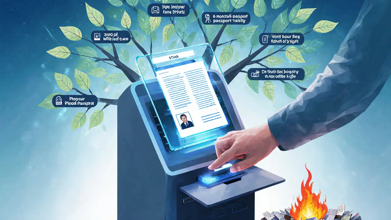 Футуристический киоск визовой подачи 2025 года с голографическими документами и деревом правил на заднем плане.