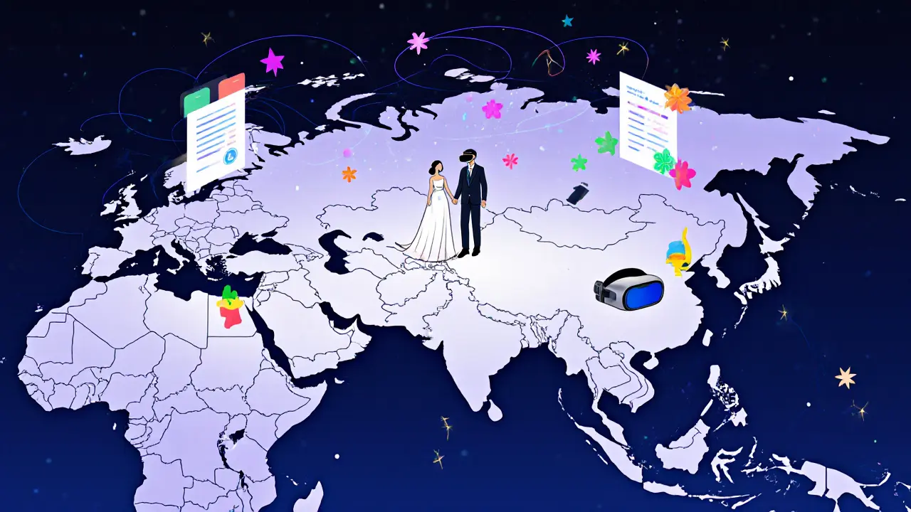 Интерфейс планировщика свадьбы с картой стран и AI-алгоритмами в стиле фантастики.