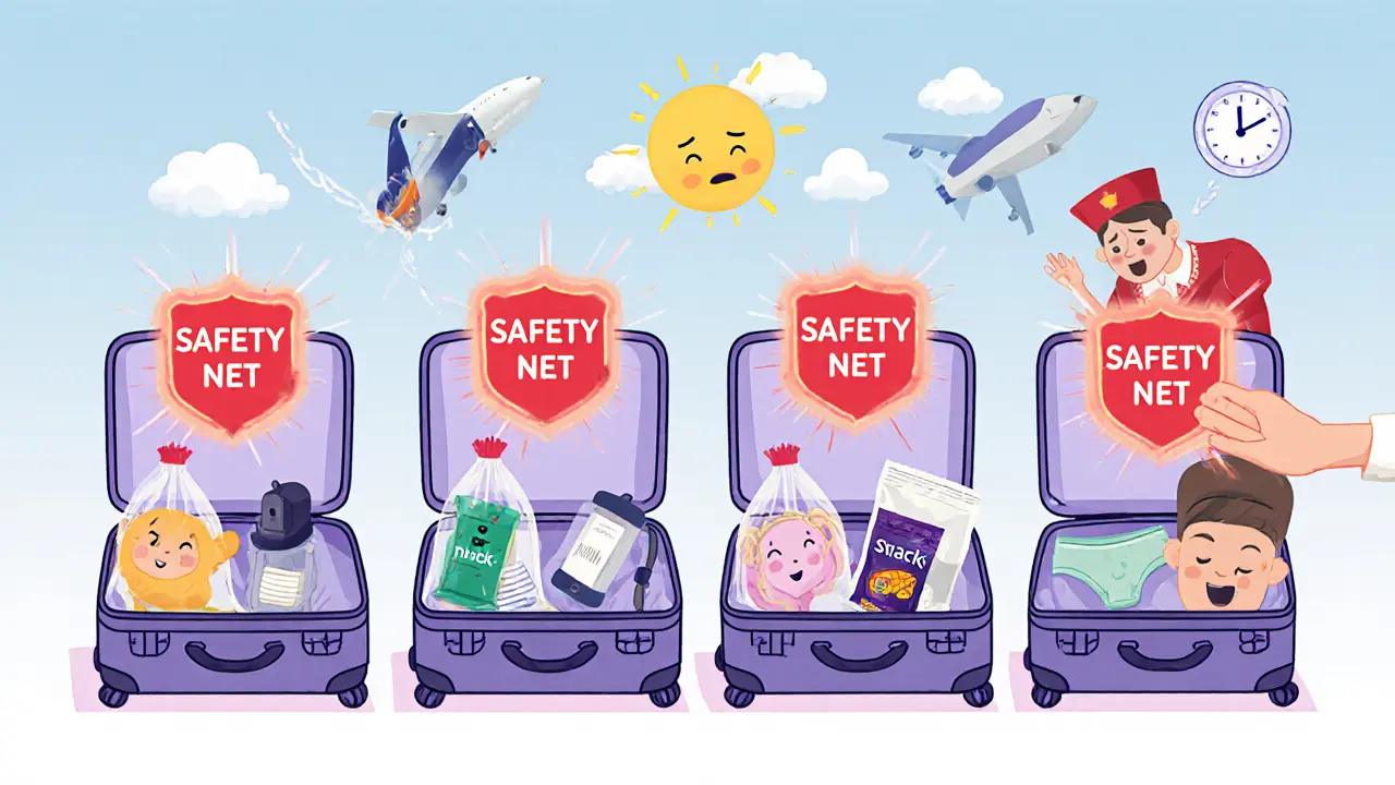 Каждый чемодан содержит аварийный набор: носки, бельё, лекарства, зарядка и закуска — для безопасности при потере багажа.