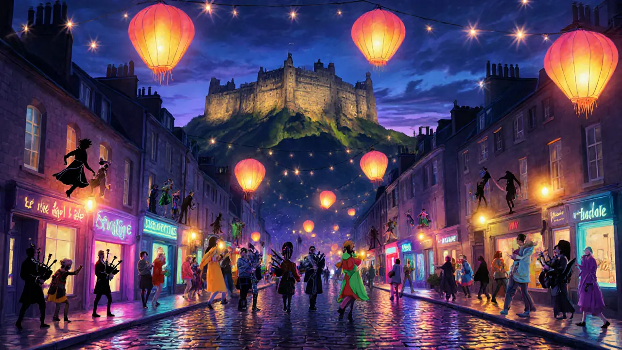 Королевская миля ночью во время фестиваля: огни, уличные артисты и толпы в ярких костюмах.