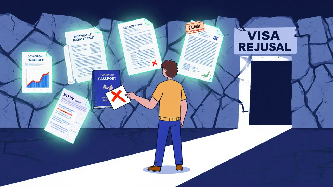 Путешественник стоит перед стеной отказов, окруженный светящимися правильными документами, ведущими к визовому порталу.