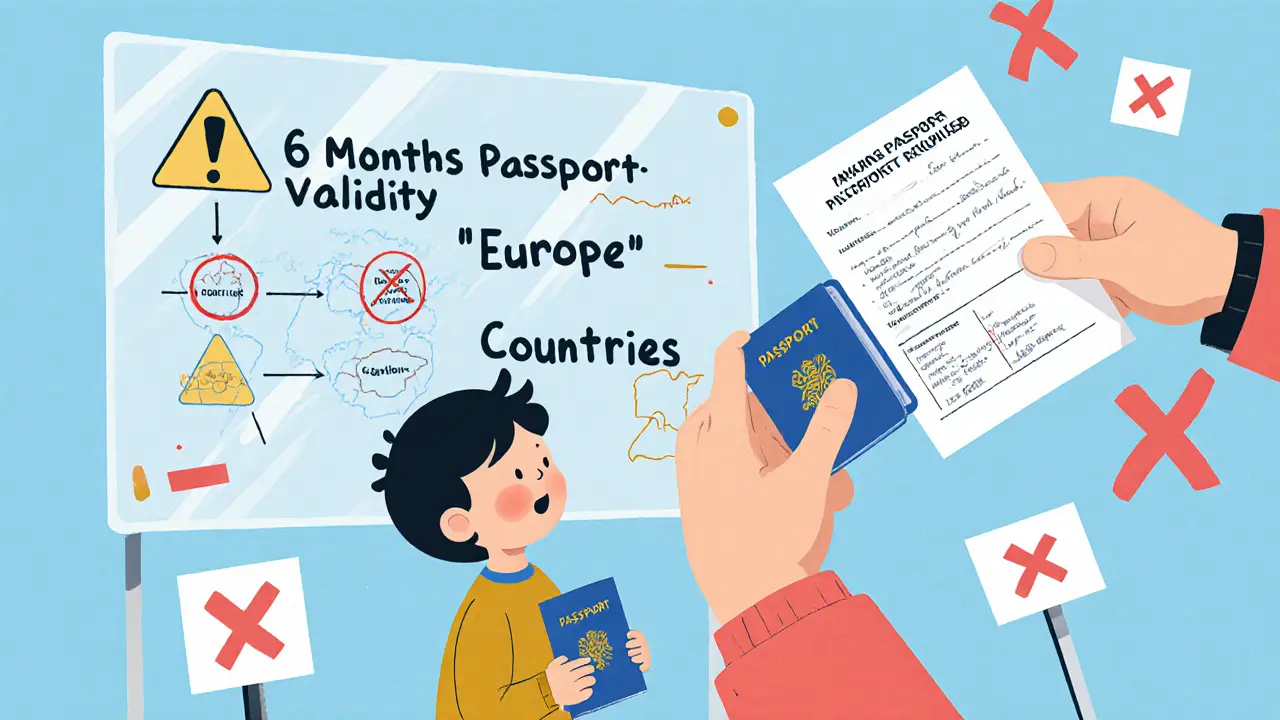 Ребенок на пограничном контроле с поправками в согласии на выезд и надписью о требованиях к сроку действия паспорта.