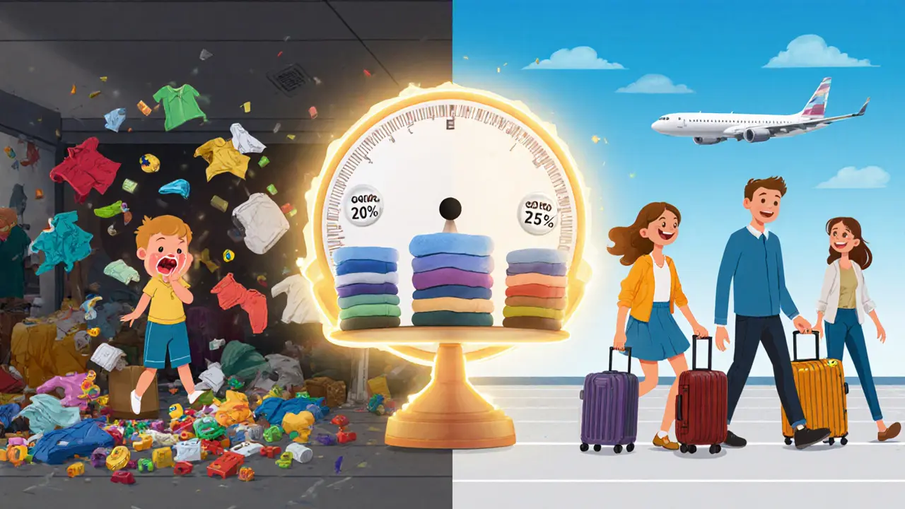 Сравнение хаотичной и организованной упаковки: слева — беспорядок, справа — спокойная поездка с сбалансированными чемоданами.