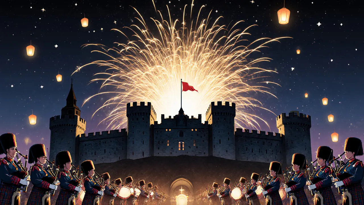 Военный тату в Эдинбурге: музыканты, фейерверки и замок под звездным небом.