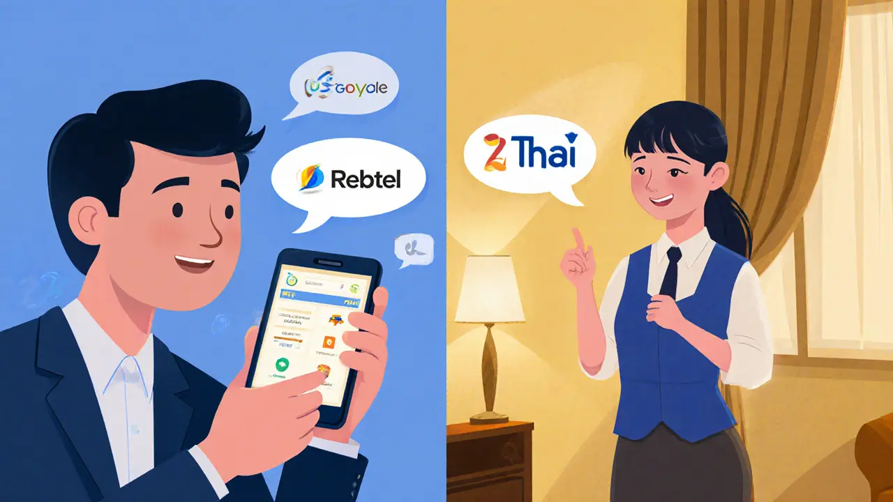 Бизнесмен в Таиланде общается с отелем через приложение перевода, обе стороны улыбаются, рядом видны логотипы сервисов.